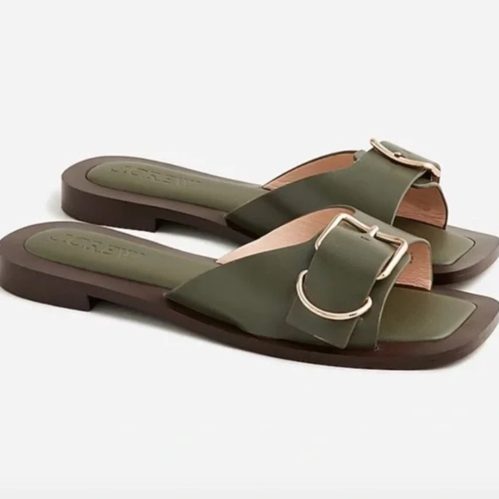 J. Crew Callie Olive Leather Buckle  Sandals 8 New